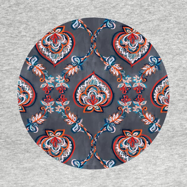 Floral Ogees in Red & Blue on Grey by micklyn